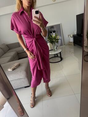 Knot-Front Midi Shirt Dress in Fuchsia